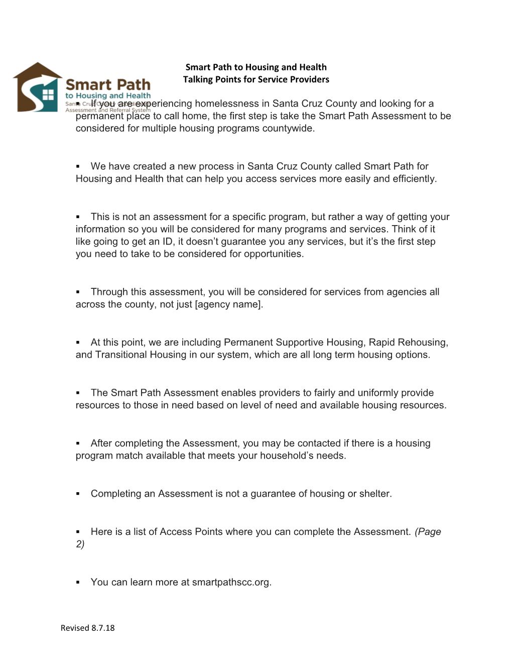 Smart Path to Housing and Health Talking Points for Service Providers