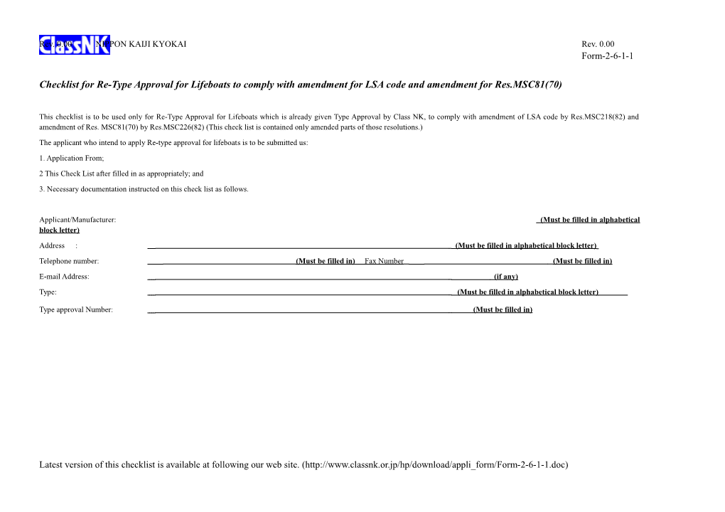 Checklist Forre-Type Approval for Lifeboats to Comply with Amendment for LSA Code And