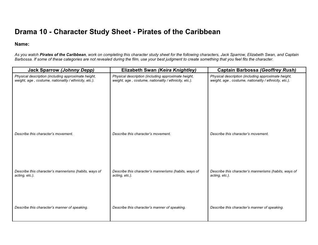 Drama 10 - Character Study Sheet - Pirates of the Caribbean