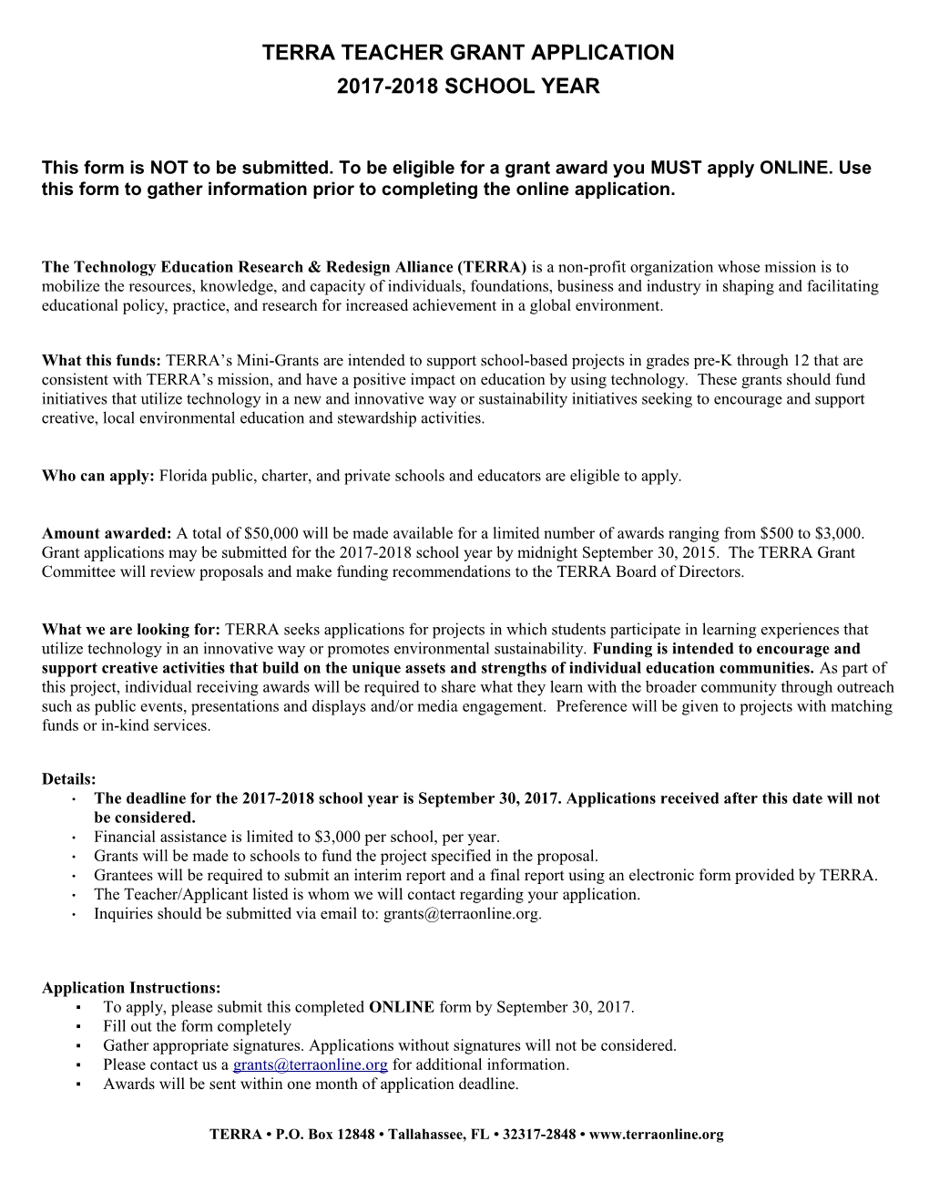 Terra Teacher Grant Application