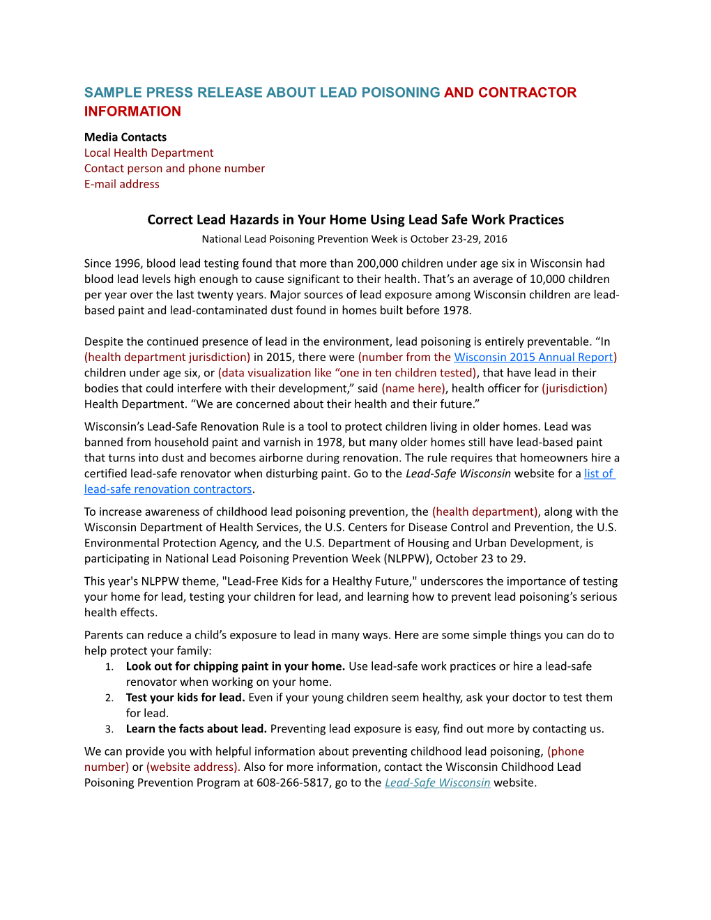 Sample Press Release About Lead Poisoning and Contractor Information
