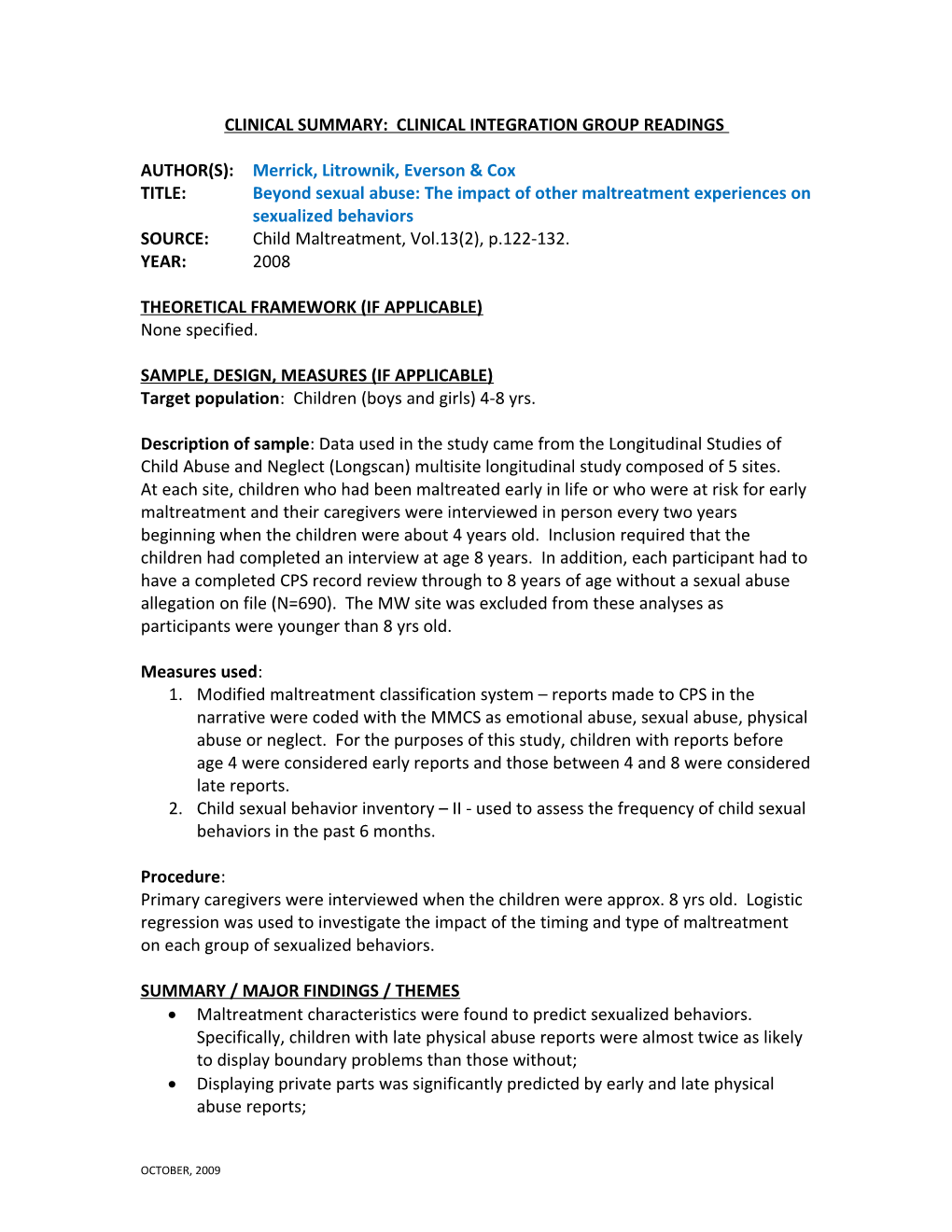 Clinical Summary: Clinical Integration Group Readings