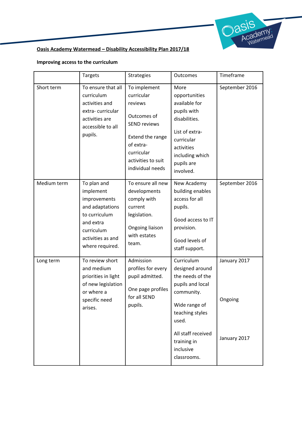 Oasis Academy Watermead Disability Accessibility Plan 2017/18