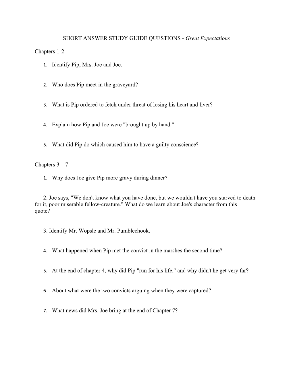 SHORT ANSWER STUDY GUIDE QUESTIONS - Great Expectations