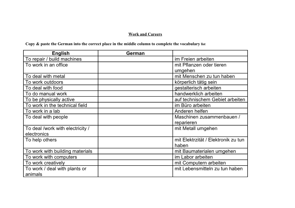 Copy & Paste the German Into the Correct Place in the Middle Column to Complete the Vocabulary