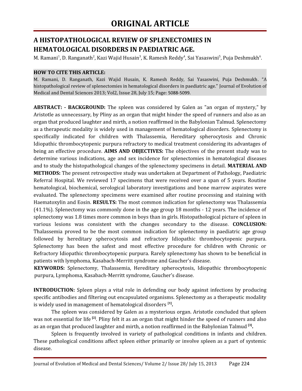 A Histopathological Review of Splenectomies in Hematological Disorders in Paediatric Age