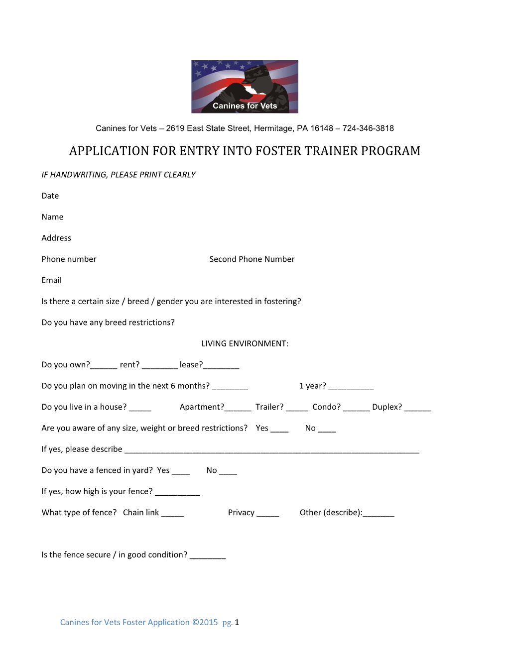 Application for Entry Into Foster Trainer Program