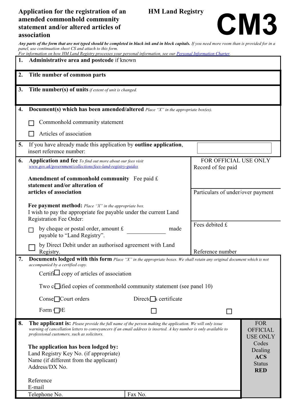 Application for Variation of Commonhold Continuity Statement And/Or Mems & Arts