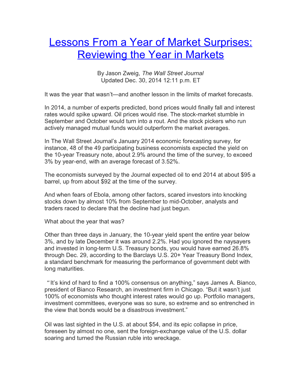 Lessons from a Year of Market Surprises: Reviewing the Year in Markets