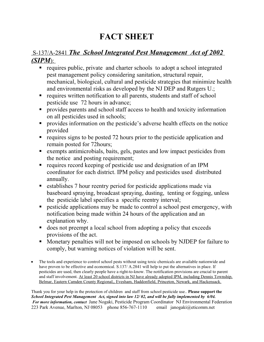 S-137/A-2841 the School Integrated Pest Management Act of 2002 (SIPM )