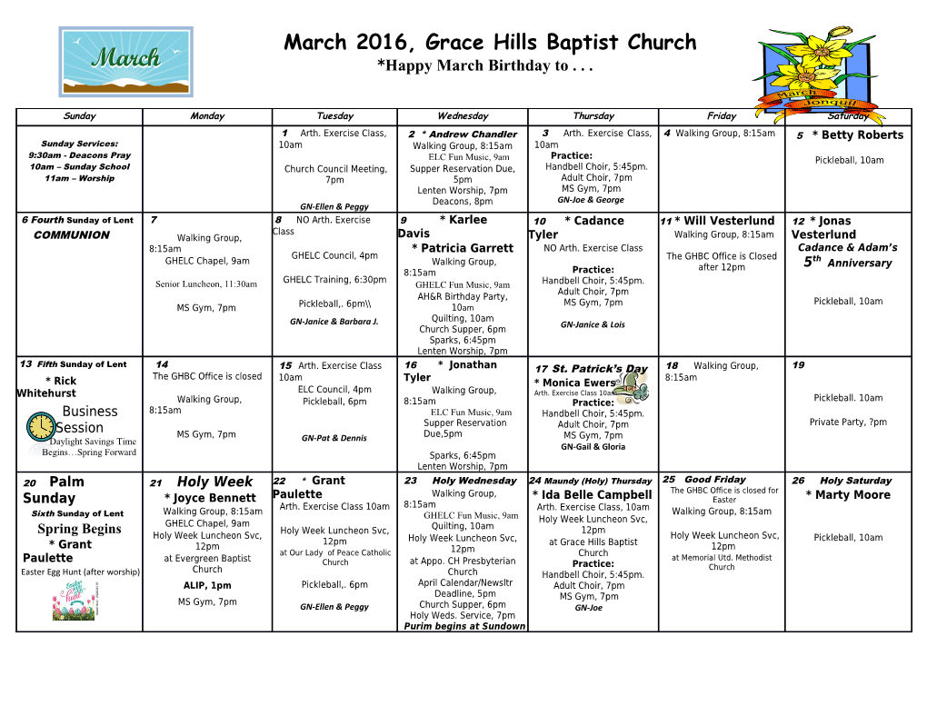 Grace Hills Baptist Church Calendar s1