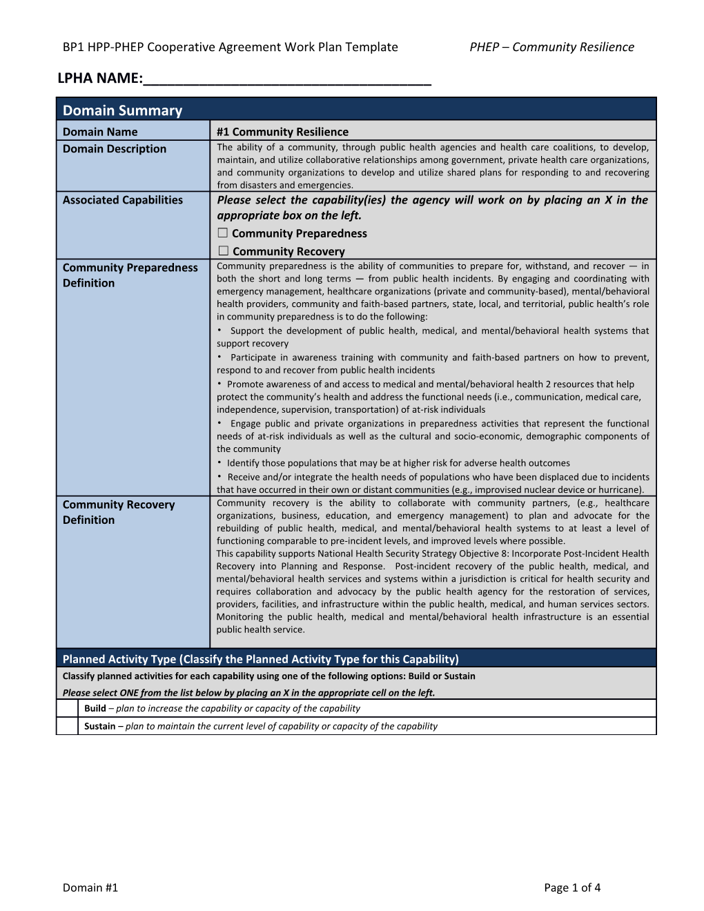 BP1 HPP-PHEP Cooperative Agreement Work Plan Template PHEP Community Resilience