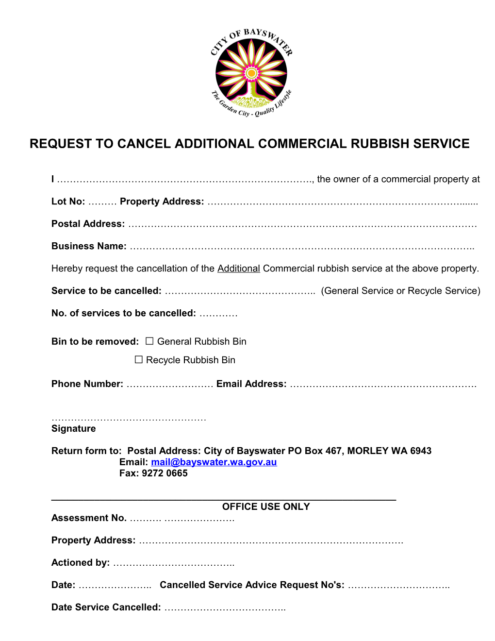 Request to Cancel Commercial Rubbish Service Form