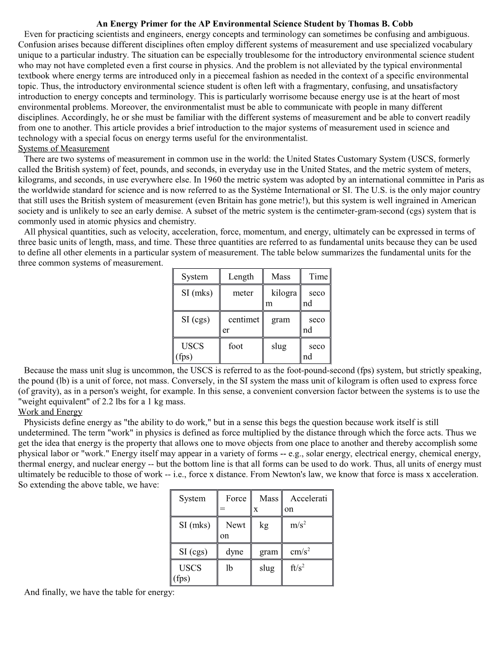 An Energy Primer For The AP Environmental Science Student By Thomas B