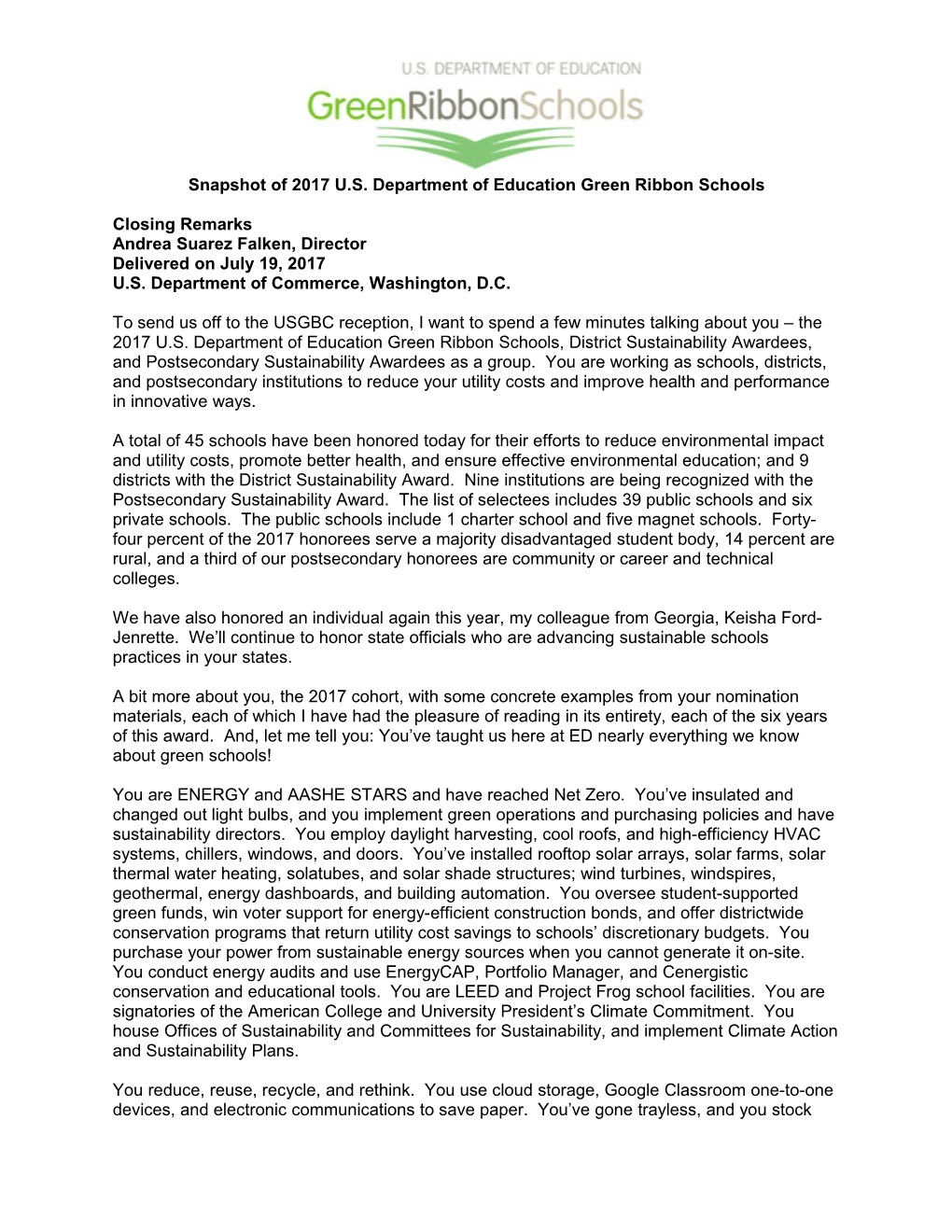 Snapshot of 2017 U.S. Department of Education Green Ribbon Schools (MS Word)