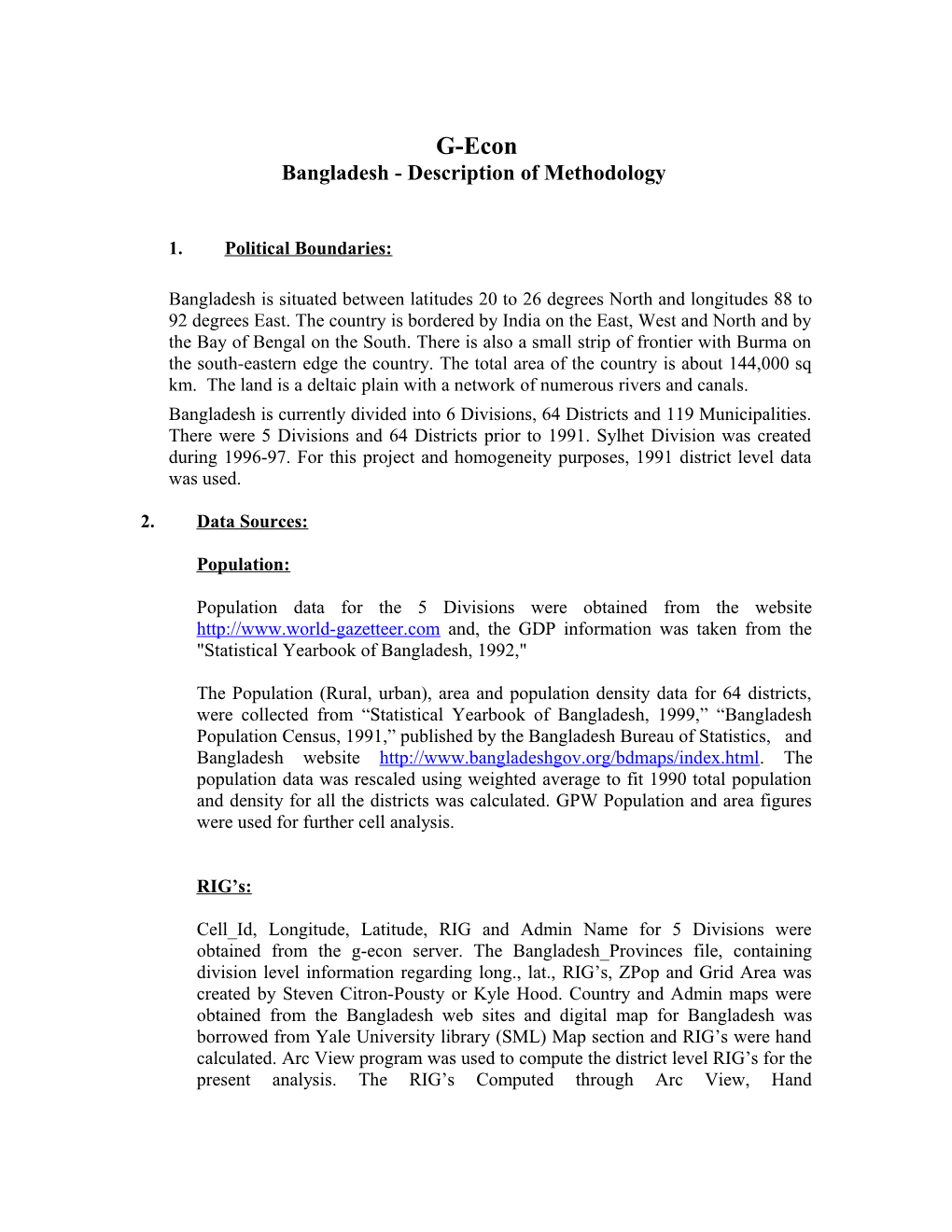 Bangladesh - Description of Methodology