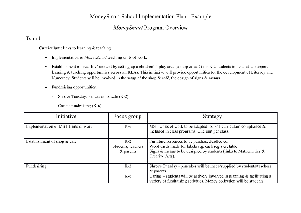 Moneysmart School Implementation Plan - Example