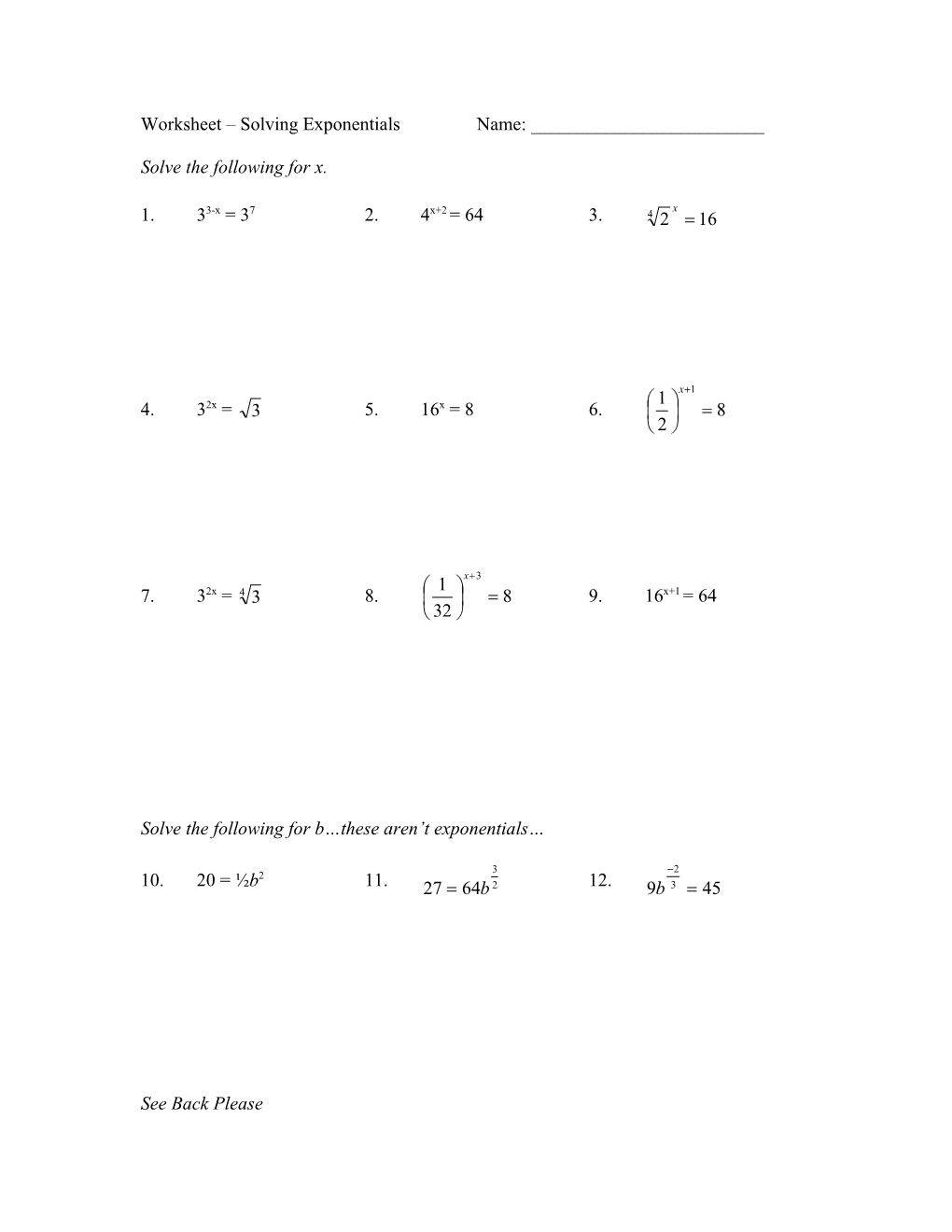Worksheet Solving Exponentials