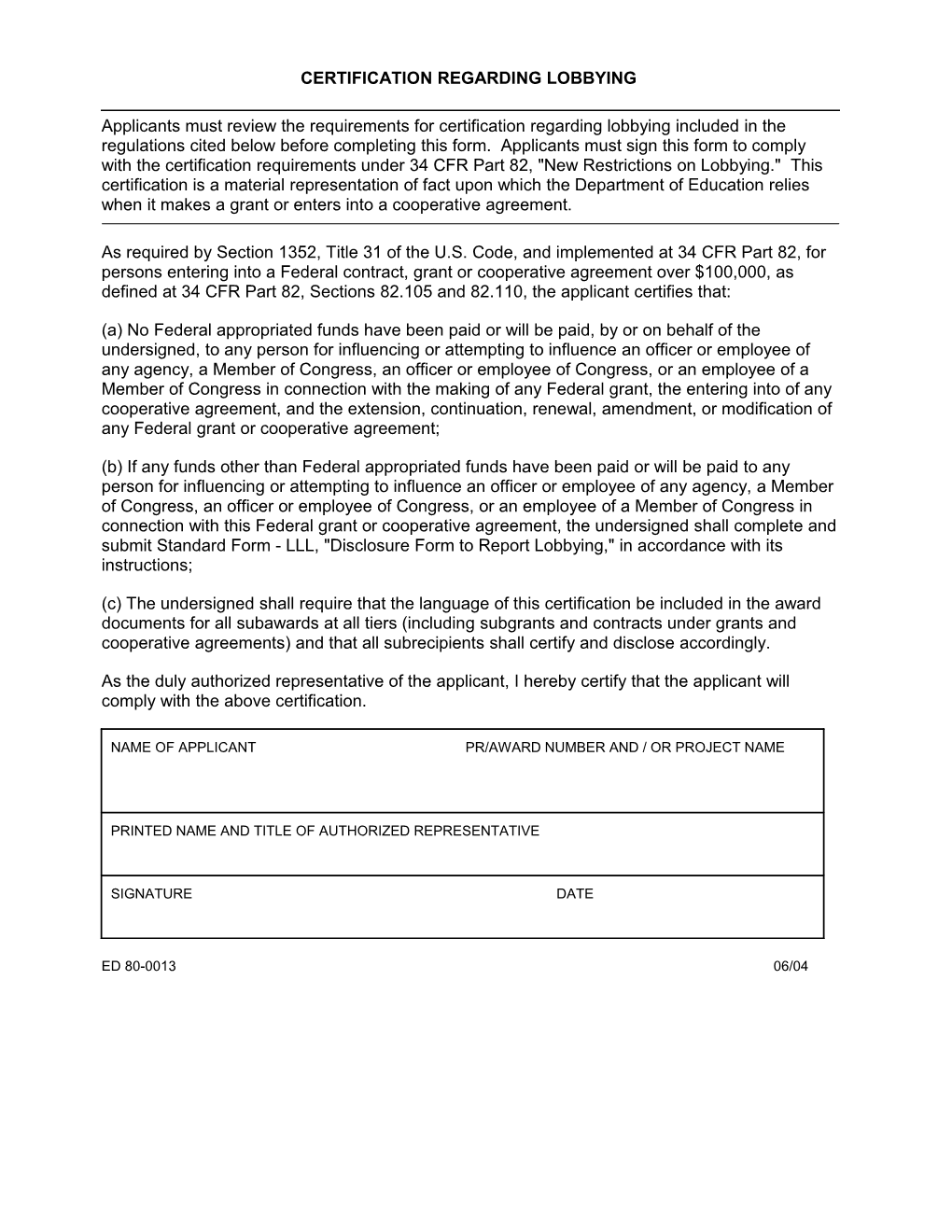 Certification Regarding Lobbying, ED Form 80-0013 (MS Word)