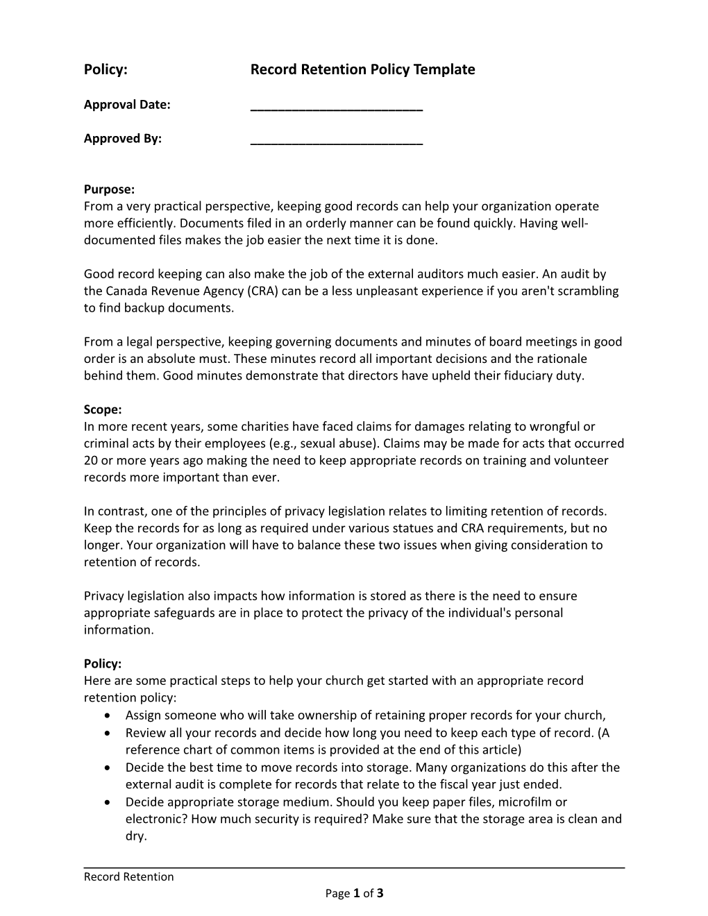 Policy: Record Retention Policy Template