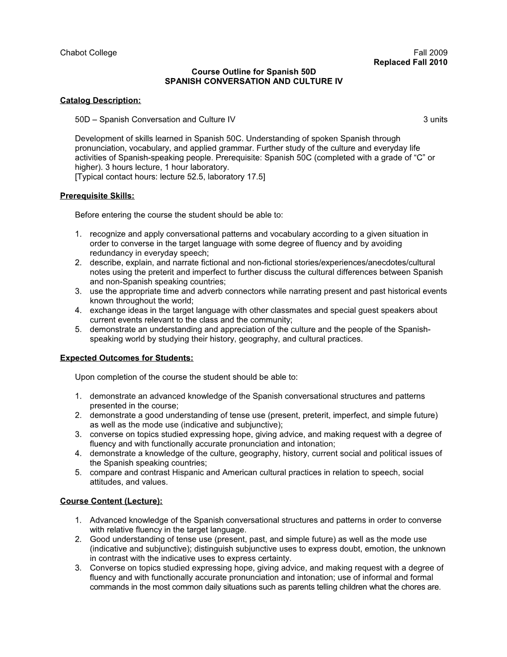 Course Outline for Spanish 50D, Page 2