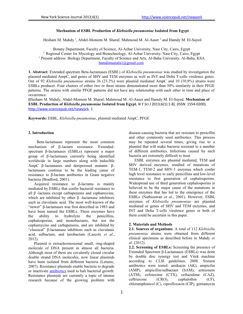 Mechanism of ESBL Production Ofklebsiellapneumoniae Isolated from Egypt