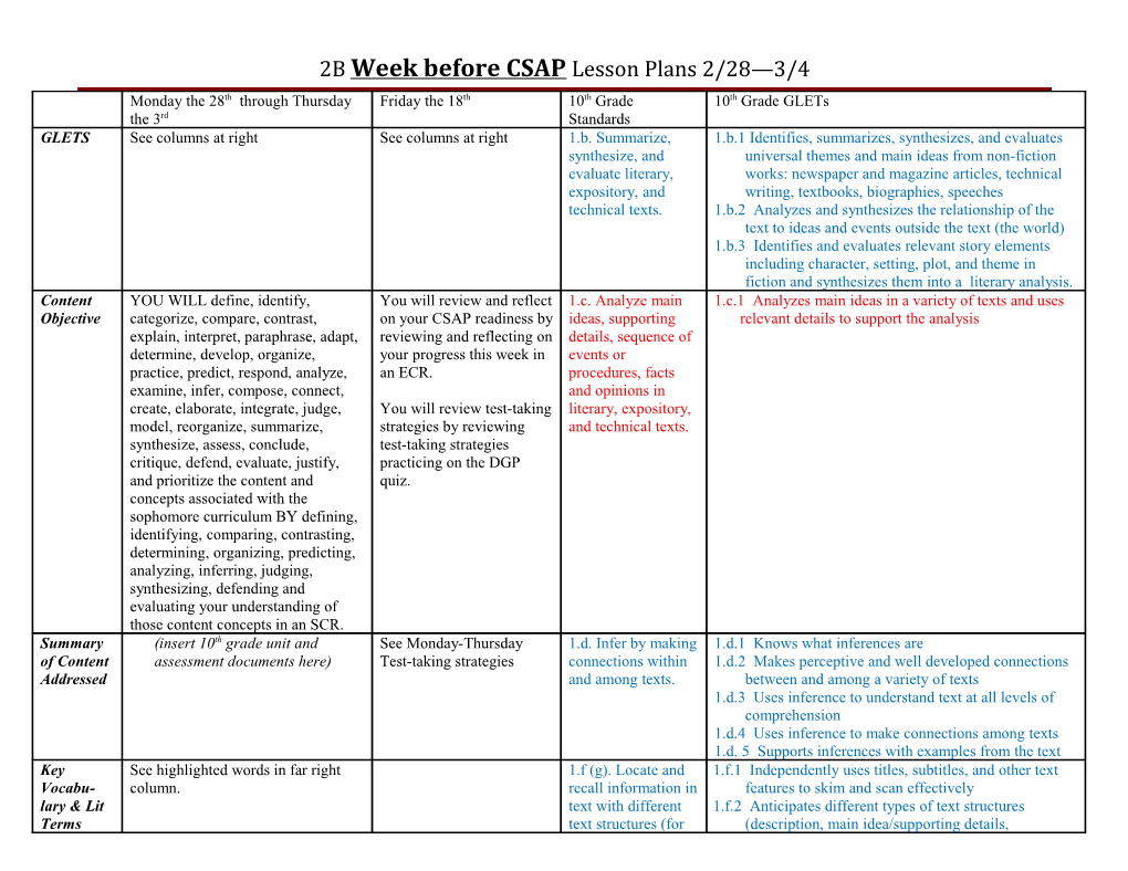 2B Week Before CSAP Lesson Plans 2/28 3/4