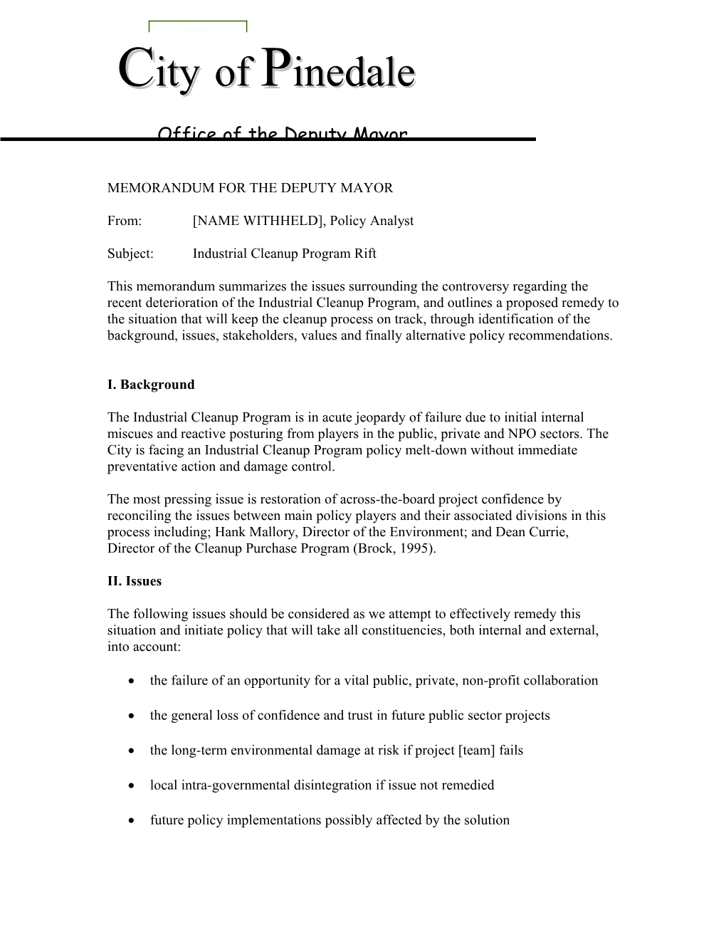 Memorandum for the Deputy Mayor
