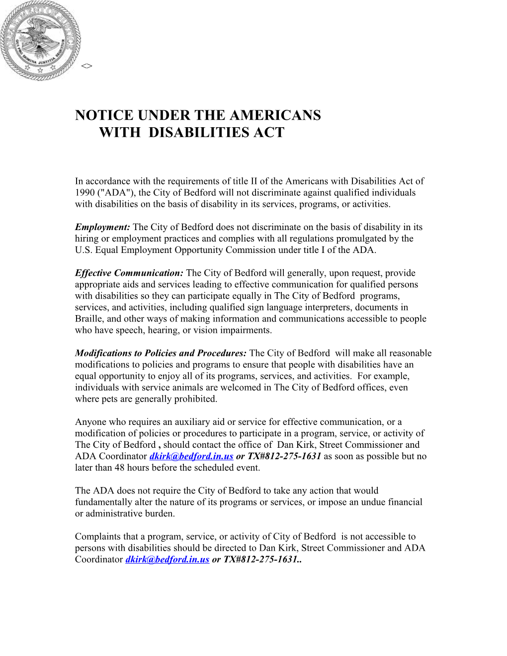 Notice Under the Americanswith Disabilities Act