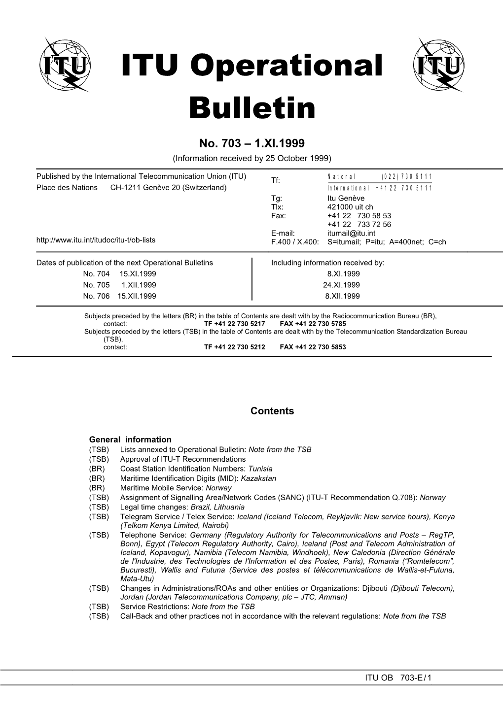 ITU Operational Bulletin No. 703 - E