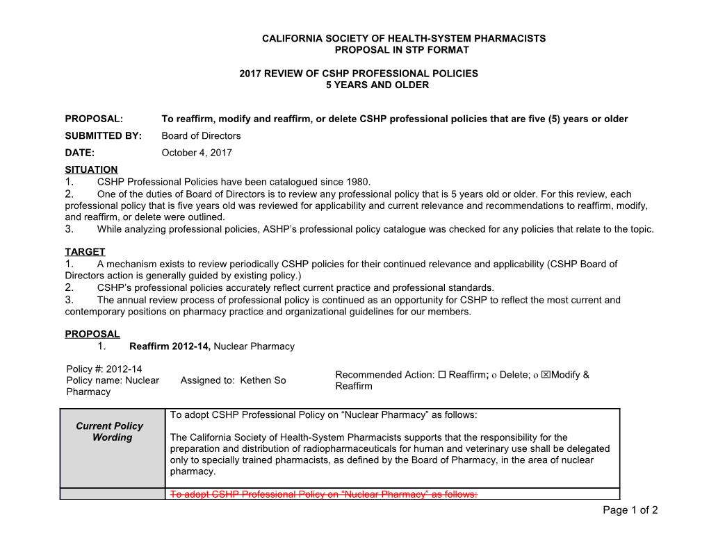 2009 Review of Cshp Administrative Policies