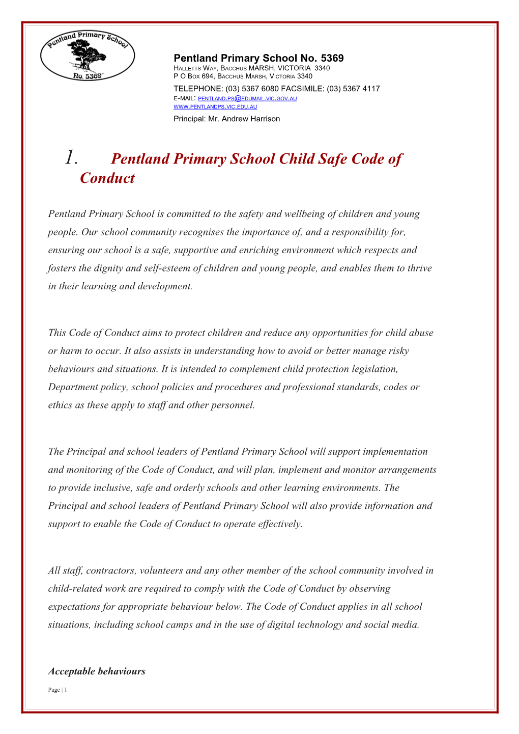 Pentland Primary School Child Safe Code of Conduct