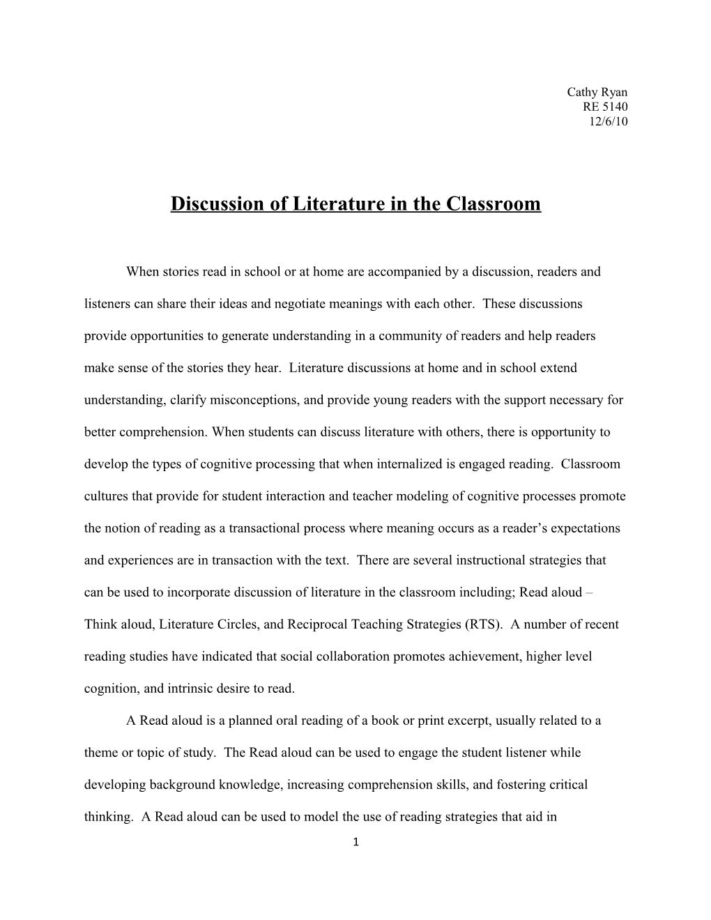 Discussion of Literature in the Classroom
