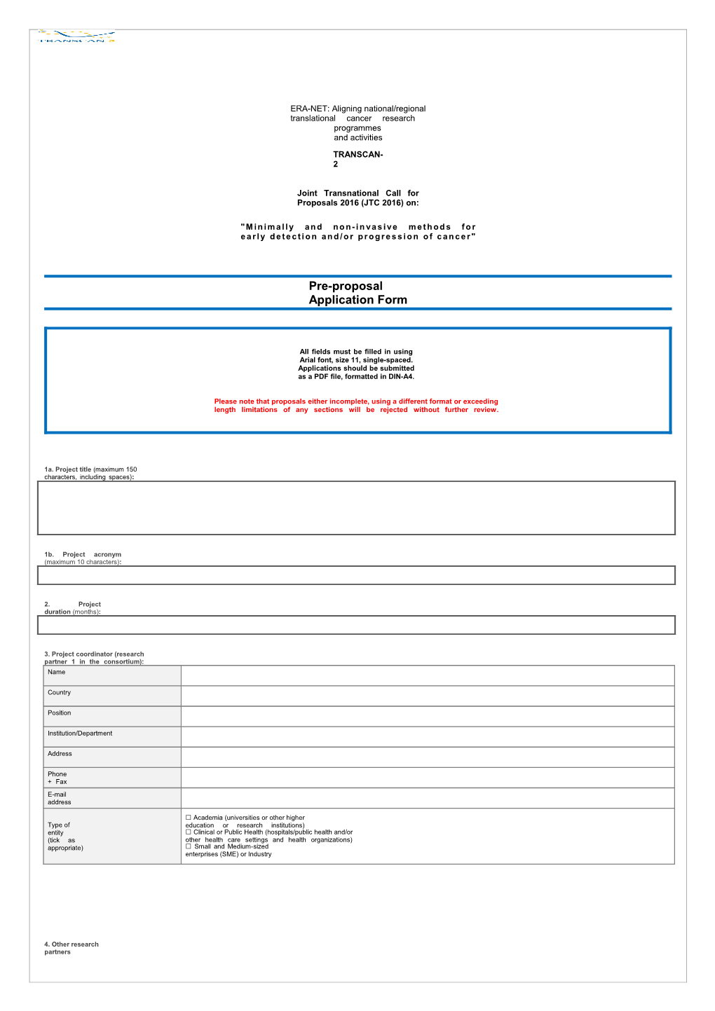 TRANSCAN JTC 2014 Pre-Proposal Application Form