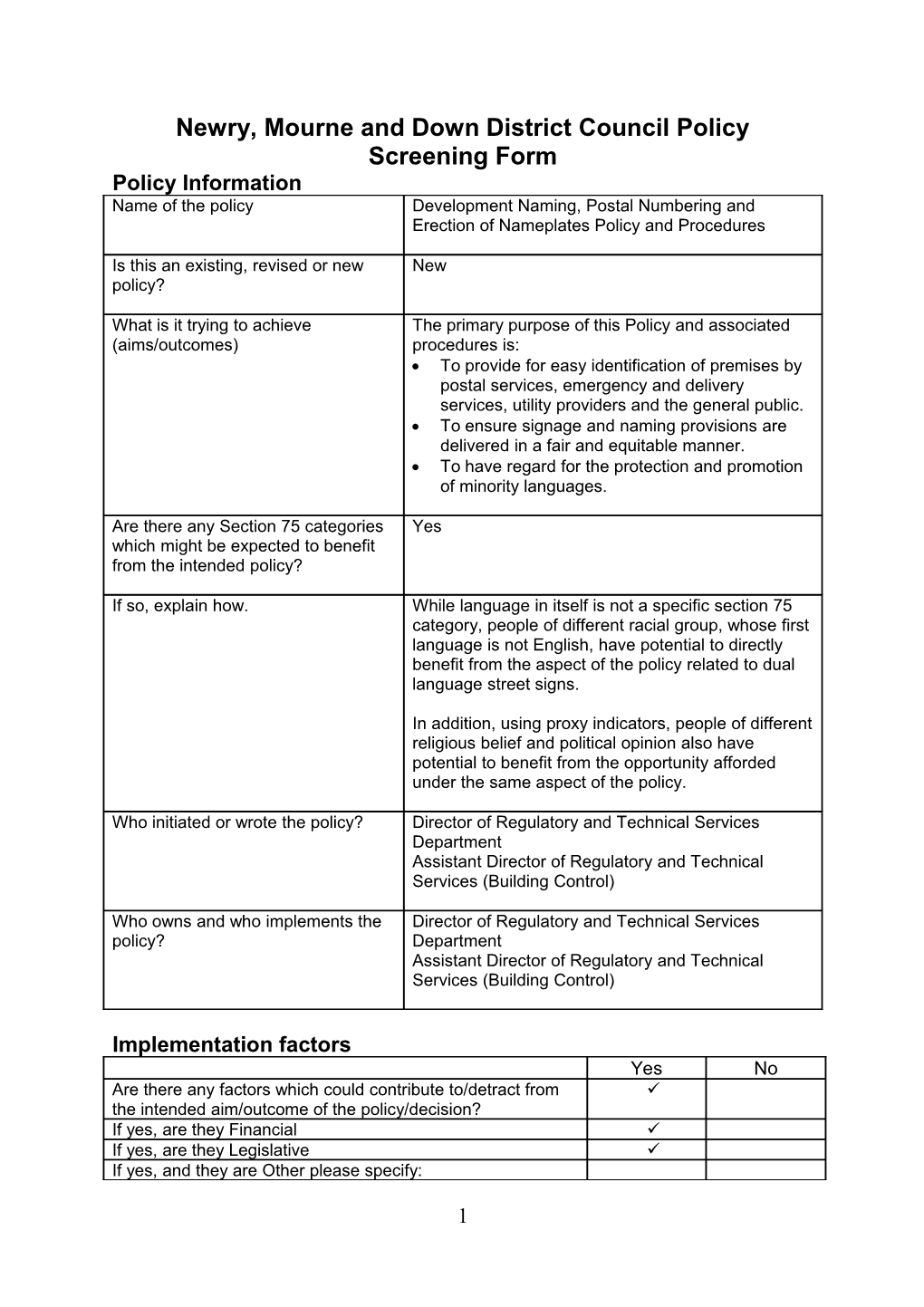 Newry, Mourne and Down District Council Policy Screening Form s1