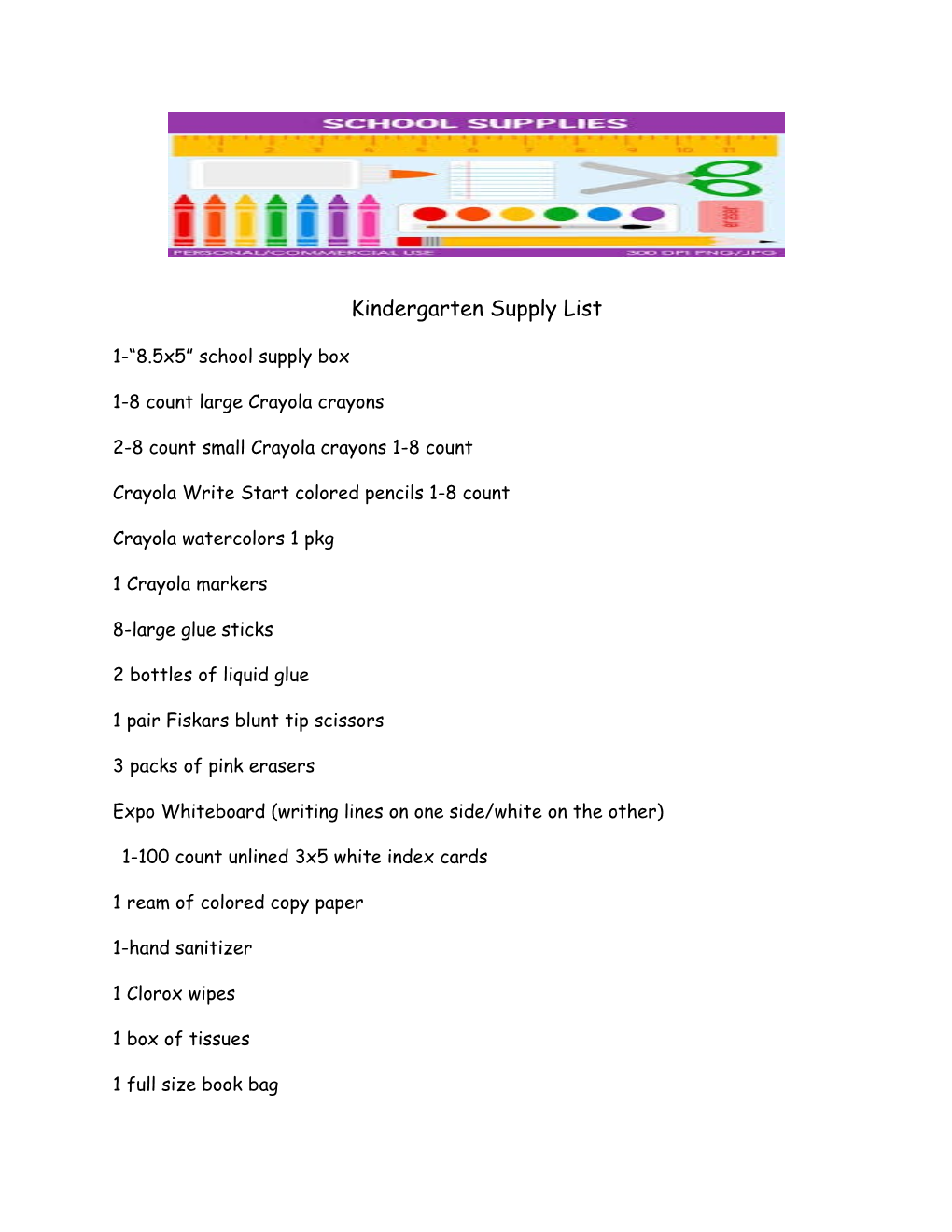 Kindergarten Supply List s3