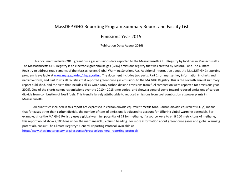 Massdep GHG Reporting Program Summary Report and Facility List