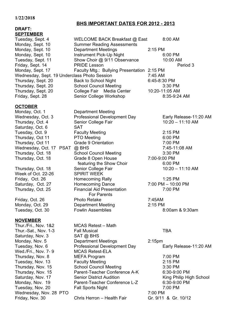 Bhs Important Dates for 2005-06