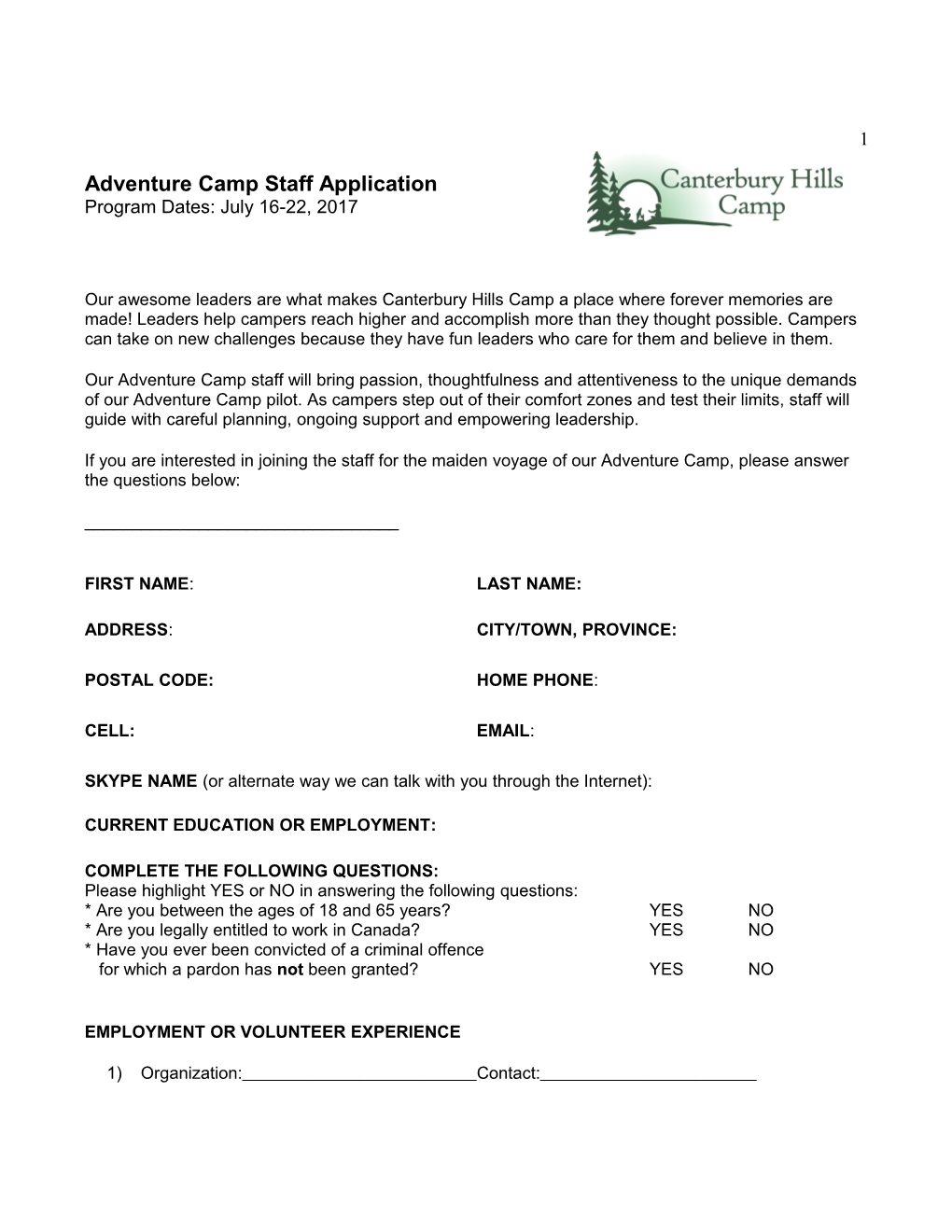 Adventure Camp Staff Application