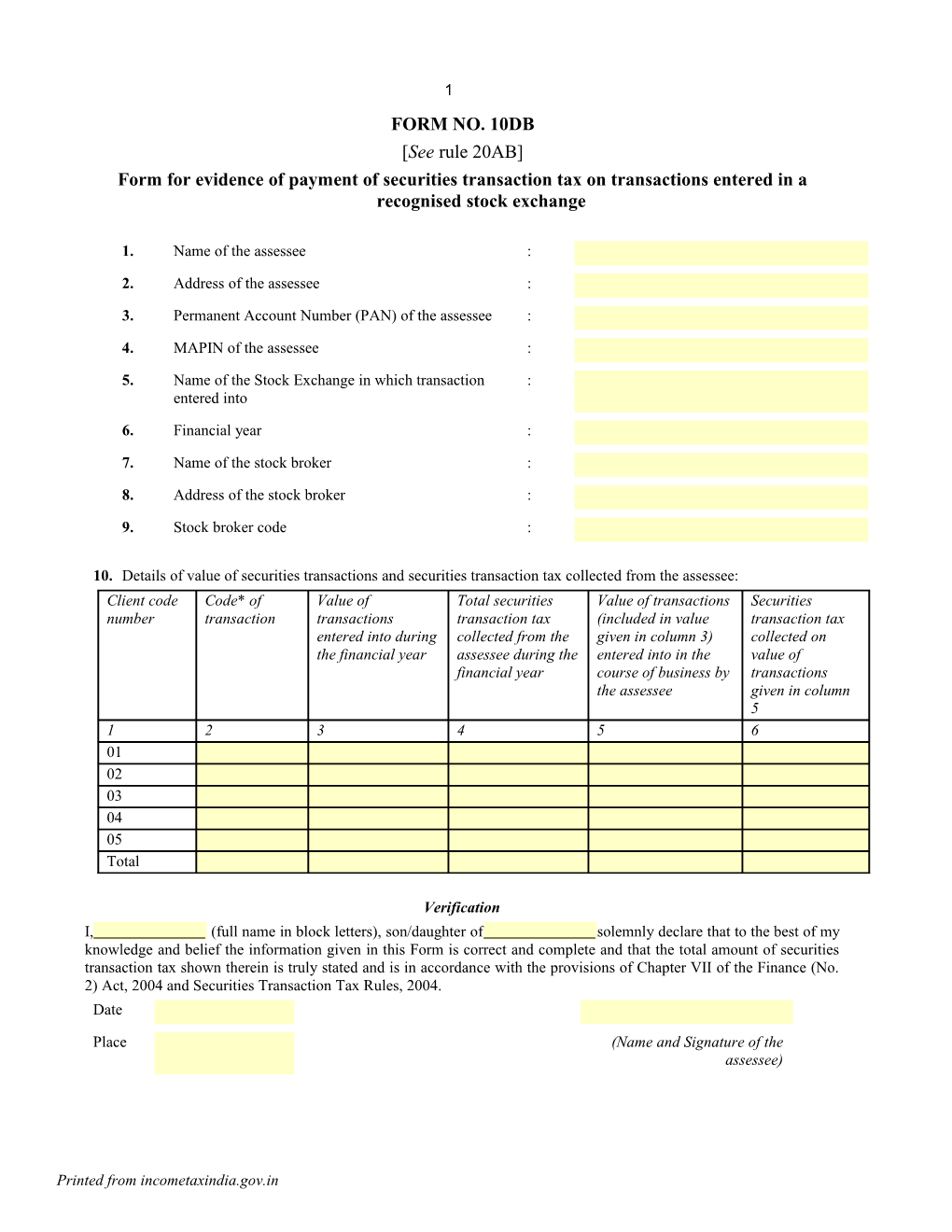 Form for Evidence of Payment of Securities Transaction Tax on Transactions Entered In