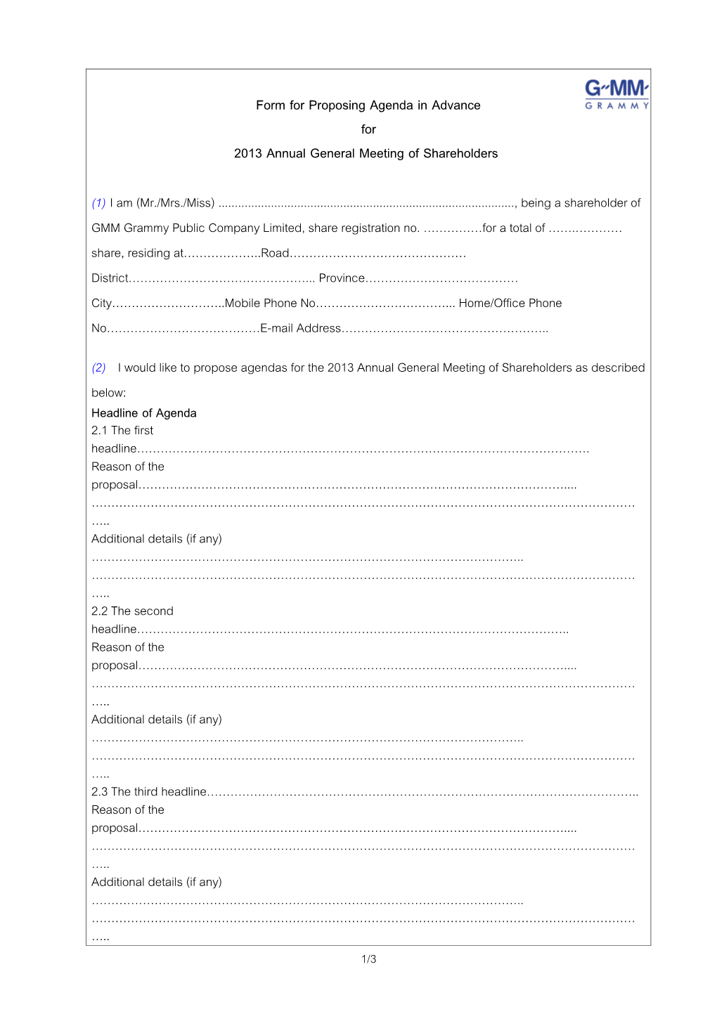 Form for Proposing Agenda in Advance