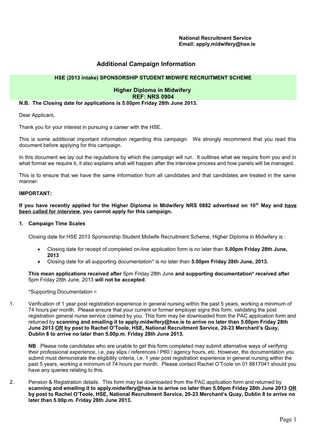 HSE (2013 Intake) SPONSORSHIP STUDENT MIDWIFE RECRUITMENT SCHEME