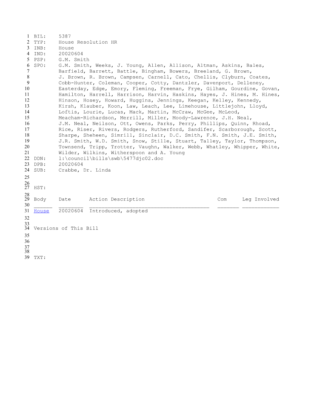 2001-2002 Bill 5387: Crabbe, Dr. Linda - South Carolina Legislature Online