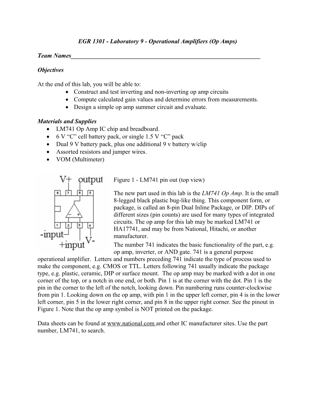 EGR 1301 - Laboratory 9 - Operational Amplifiers (Op Amps)