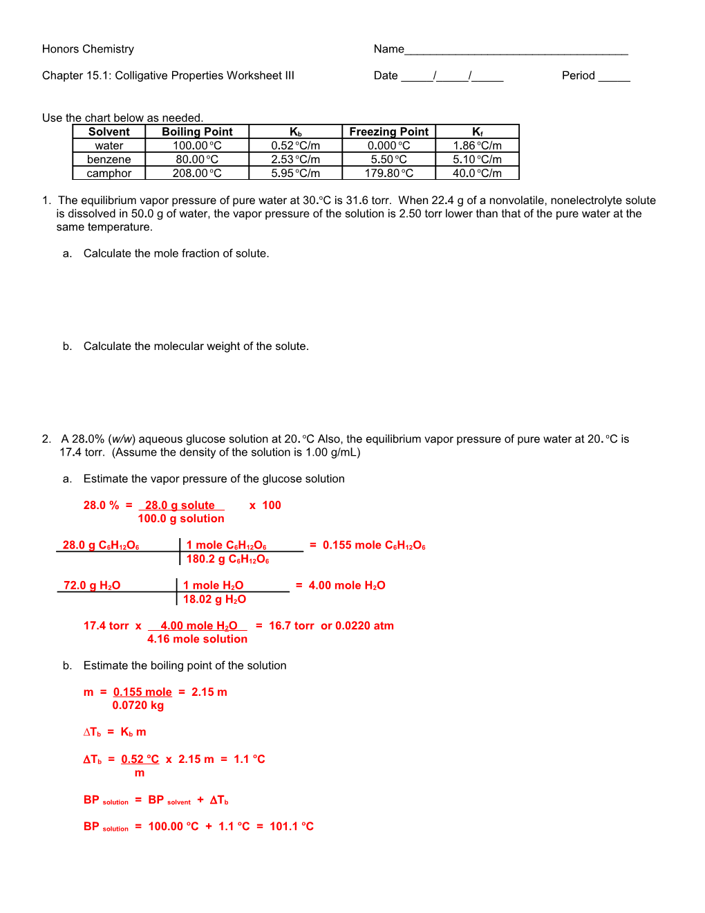 Colligative Properties Example Problems