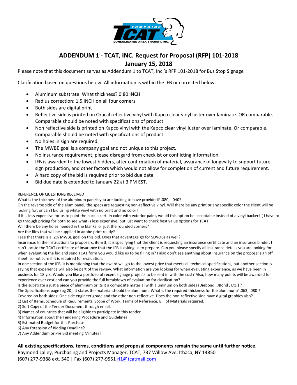 ADDENDUM 1 - TCAT, INC. Request for Proposal (RFP) 101-2018