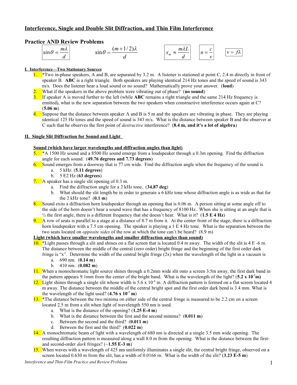 Unit 13 Diffraction and Thin Film Interference AP Practice and Review Problems