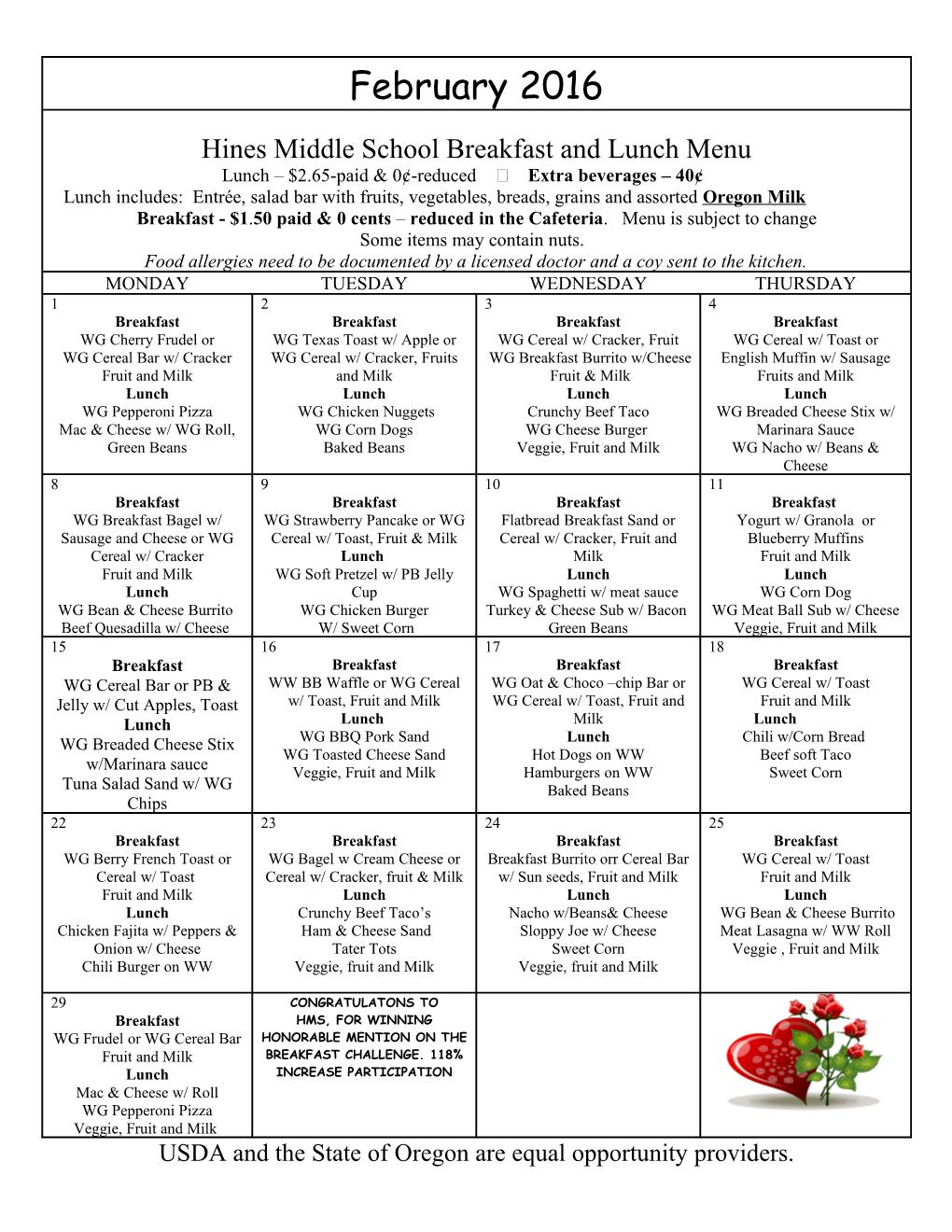 Hines Middle School Breakfast and Lunch Menu