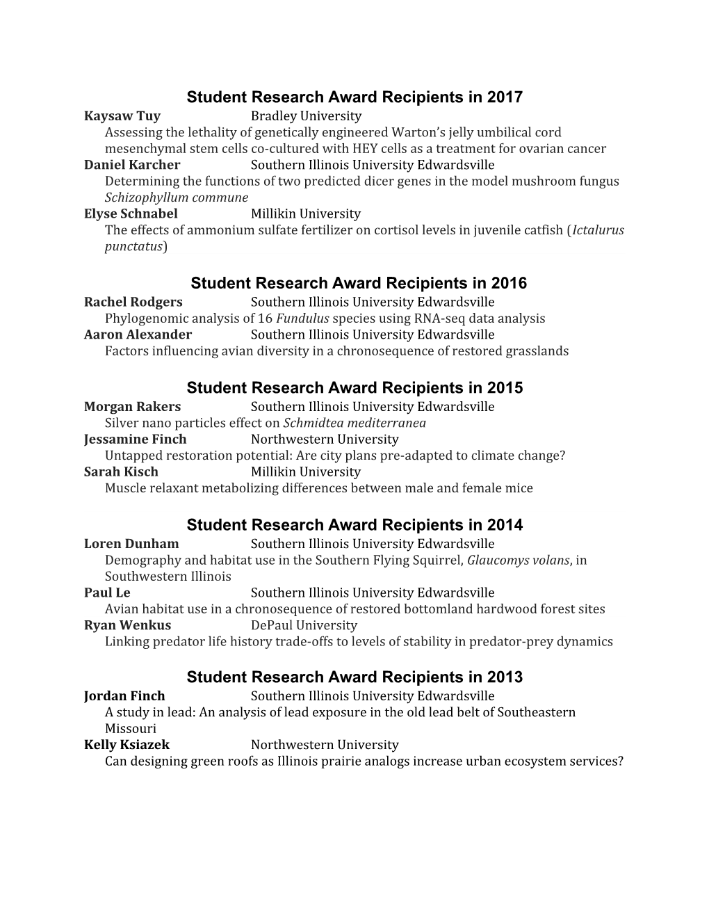 Student Research Award Recipients in 2017