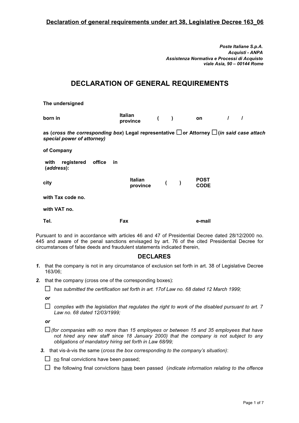 Declaration of General Requirements Under Art 38, Legislative Decree 163 06